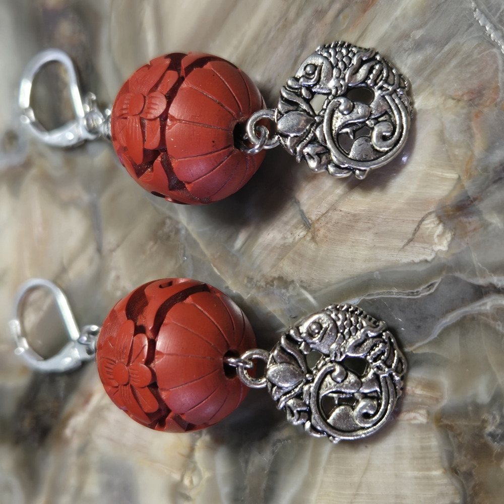 Elegant Red Cinnabar and Silver Koi Earrings
